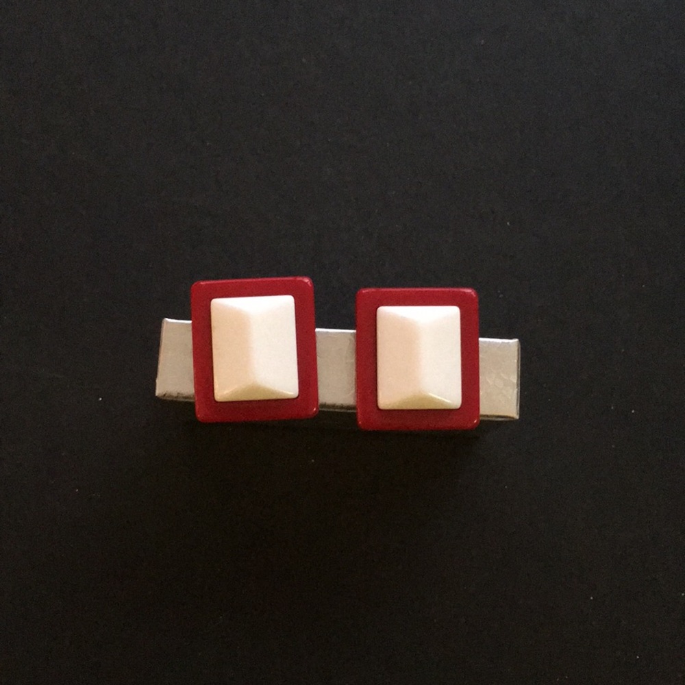 Vintage red and white rectangle clip on earrings
